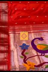 Red Pure Silk Handloom Paithani with peacock motifs