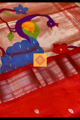 Red Pure Silk Handloom Paithani with peacock motifs