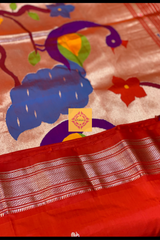 Red Pure Silk Handloom Paithani with peacock motifs