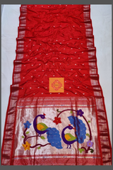 Red Pure Silk Handloom Paithani with peacock motifs