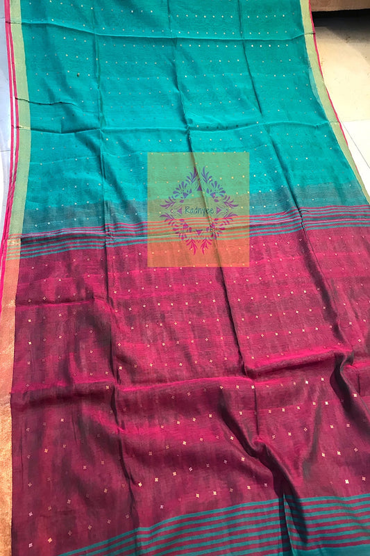 Cotton Silk Baha Chumki Handwoven Saree in Aqua Green and Pink