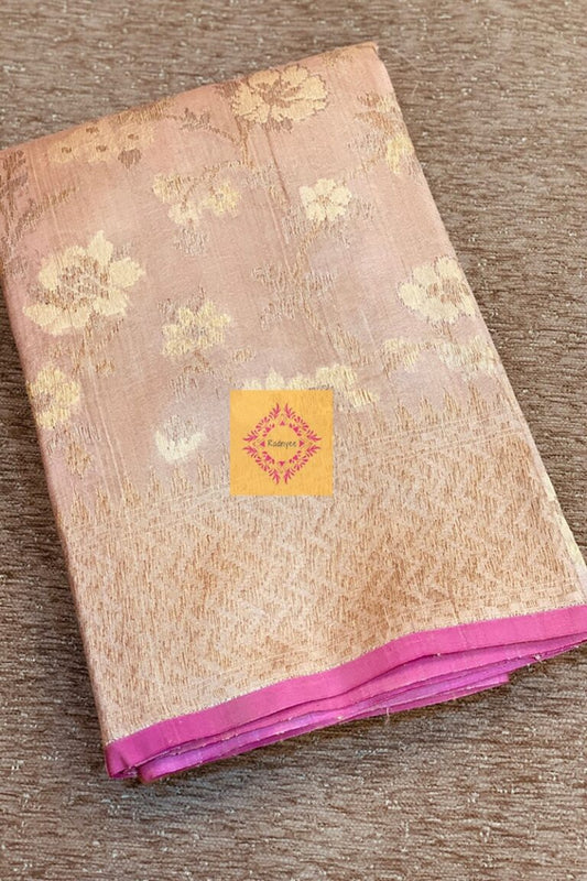 Pastel Peach Handwoven Zamavari dyed Pure Tussar Silk Saree