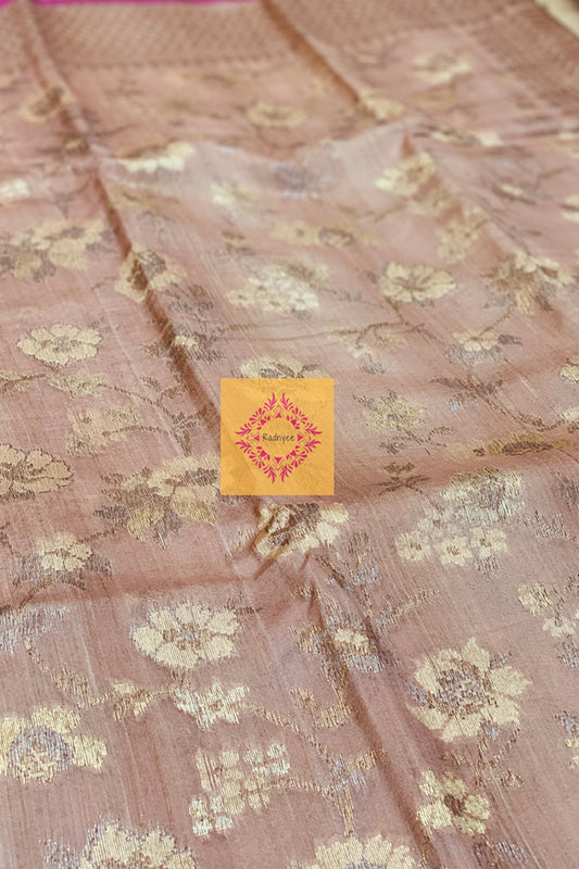 Pastel Peach Handwoven Zamavari dyed Pure Tussar Silk Saree