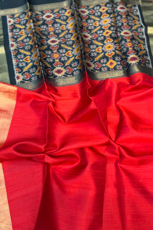 Red Pure Raw Silk Saree with woven Black Ikkat Pallu and Blouse